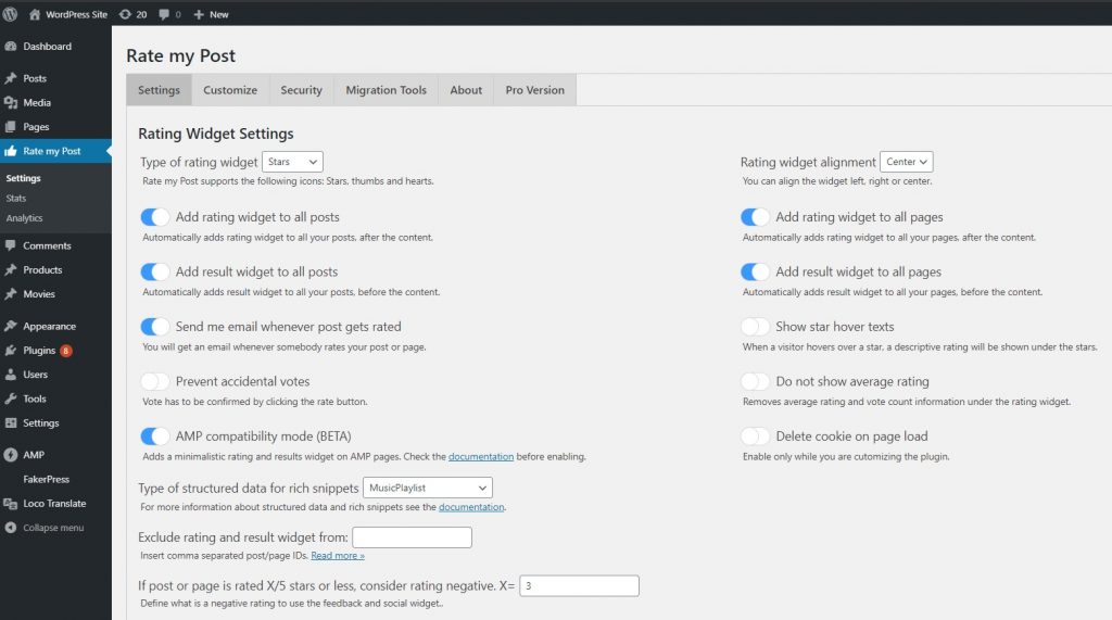 Rate my Post: The settings section Rate my Post: The settings section