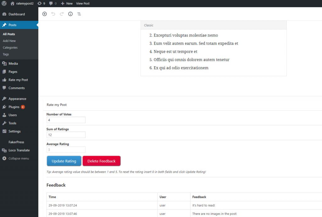 Rate my Post: Ratings can be changed in the backend Rate my Post: Ratings can be changed in the backend